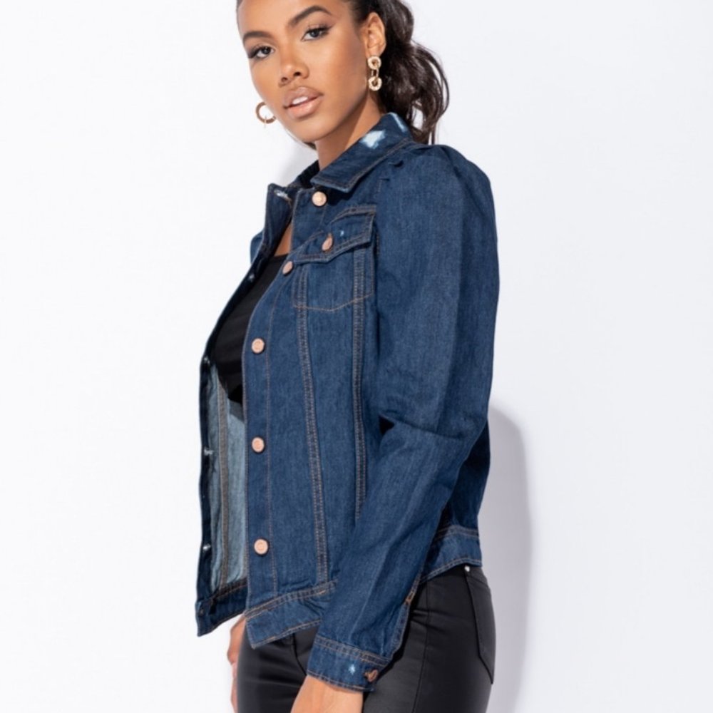 Blue Long Puff Sleeve Distressed Denim Jeans Jacket - Picture 3 of 8